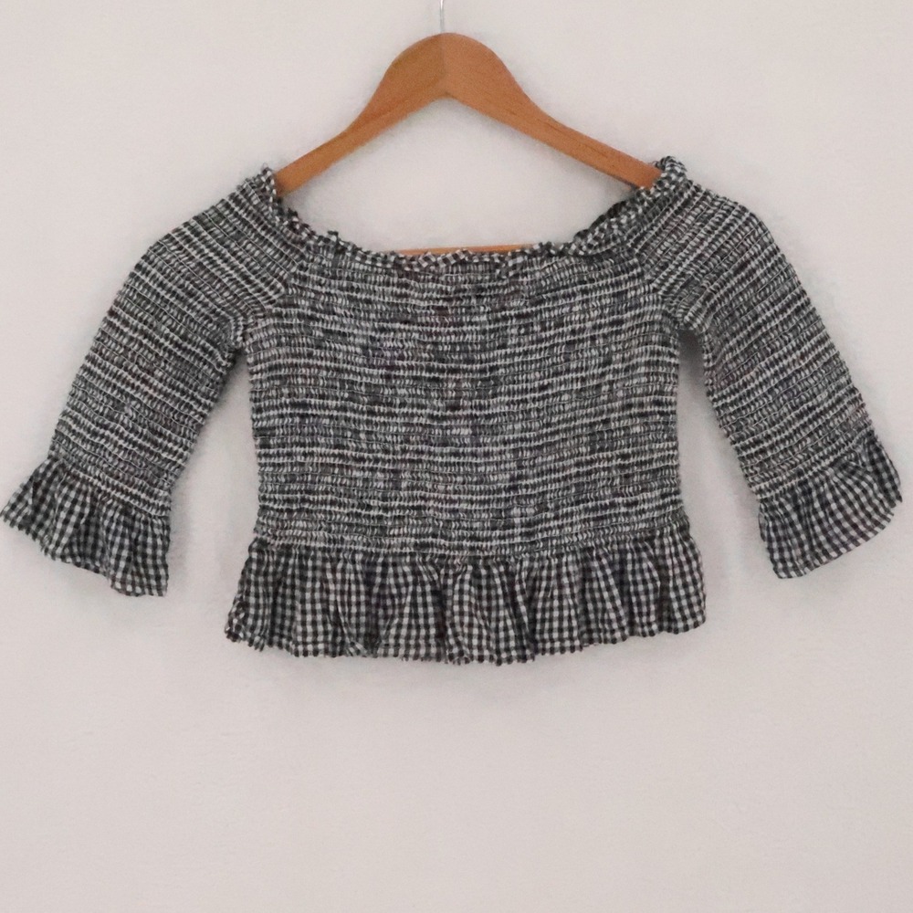 American Eagle Gingham Smocked Crop Top Womens Size XS Black White Cottage